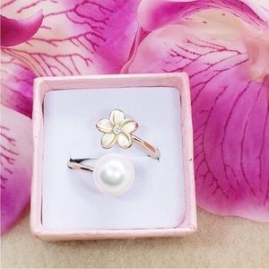 Hawaiian Plumeria Flower CZ Pearl Adjustable Ring